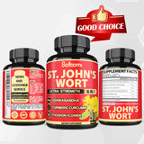 Satoomi St. John's Wort Herbal Supplement bottle on a wooden table