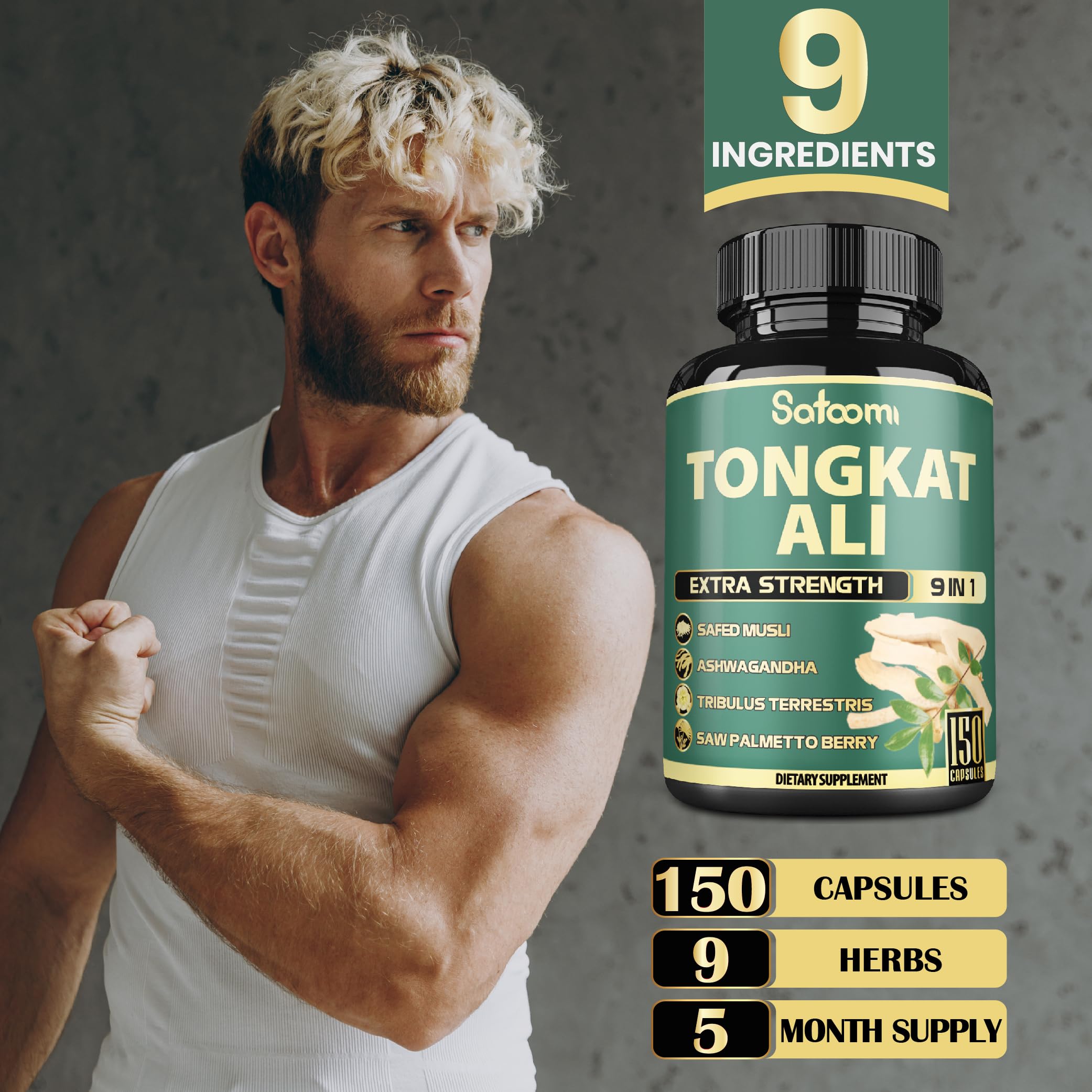 Satoomi Tribulus Terrestris Supplement bottle with a measuring spoon