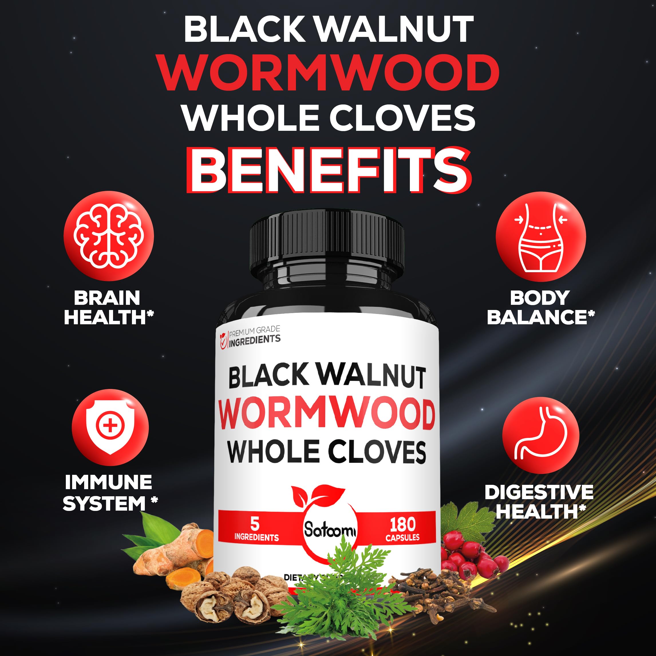Satoomi Turmeric Herbal Supplement capsules on a wooden table