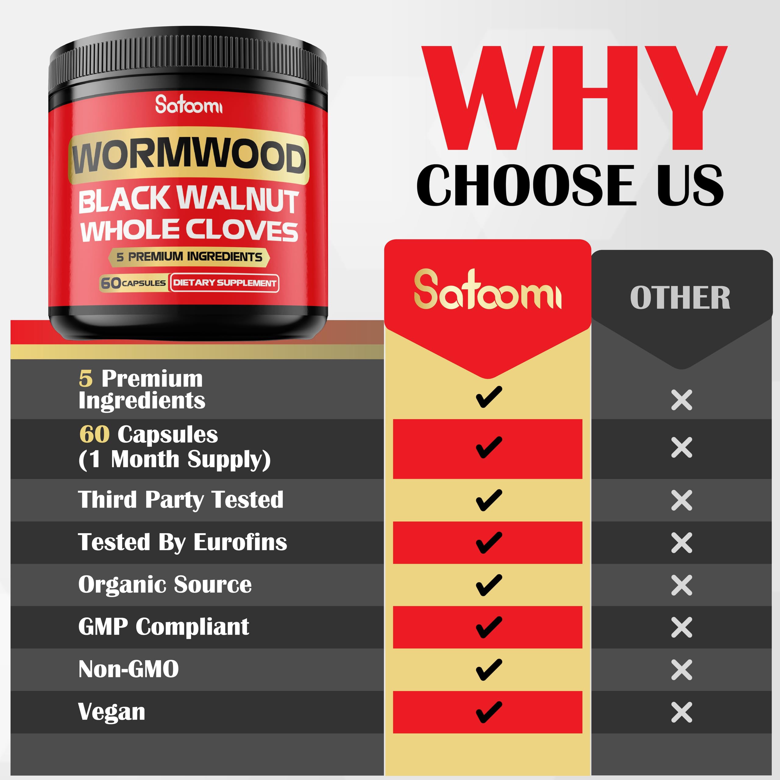 Satoomi Wormwood Capsules on a wooden table with a glass of water