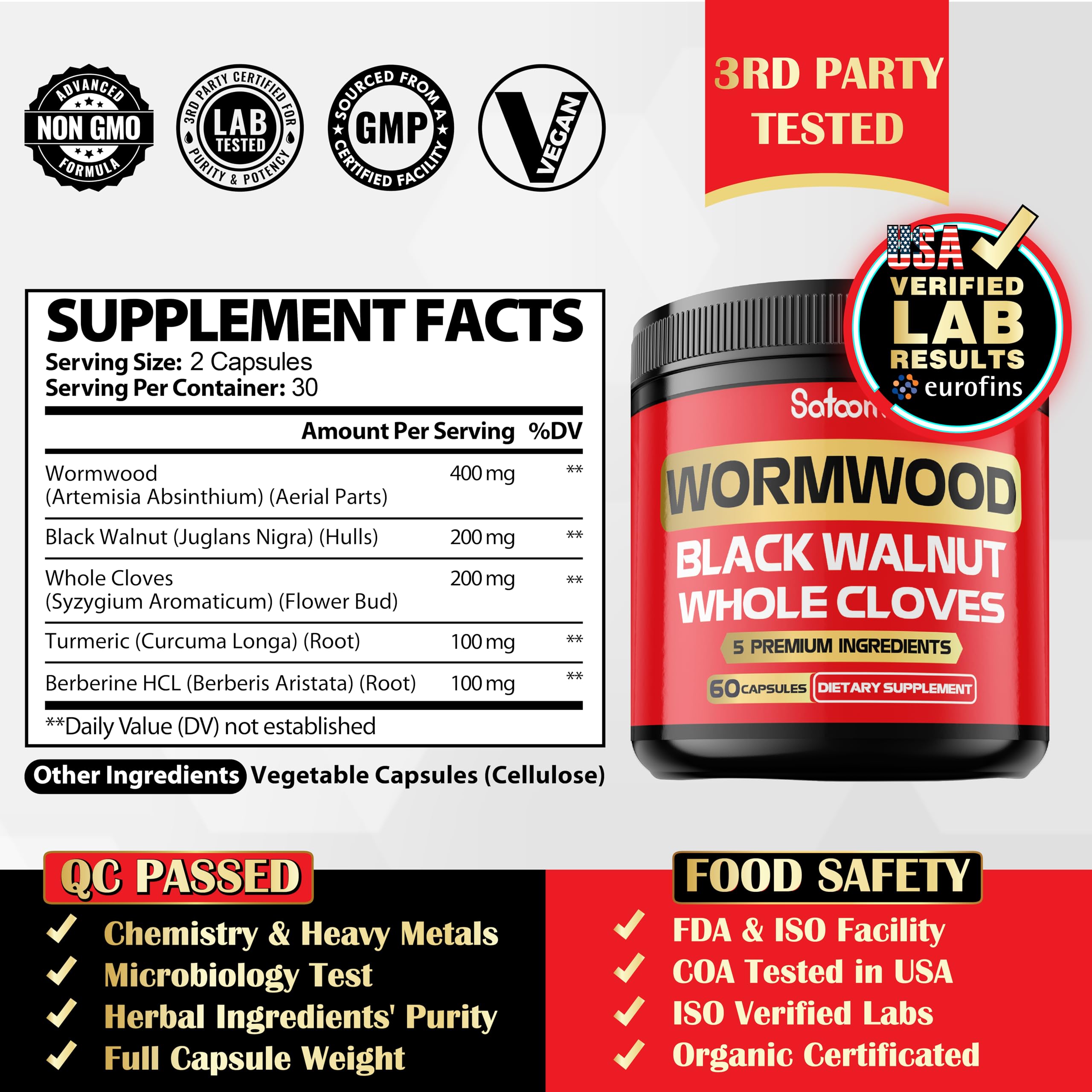 Satoomi Wormwood Capsules side view showing ingredient list