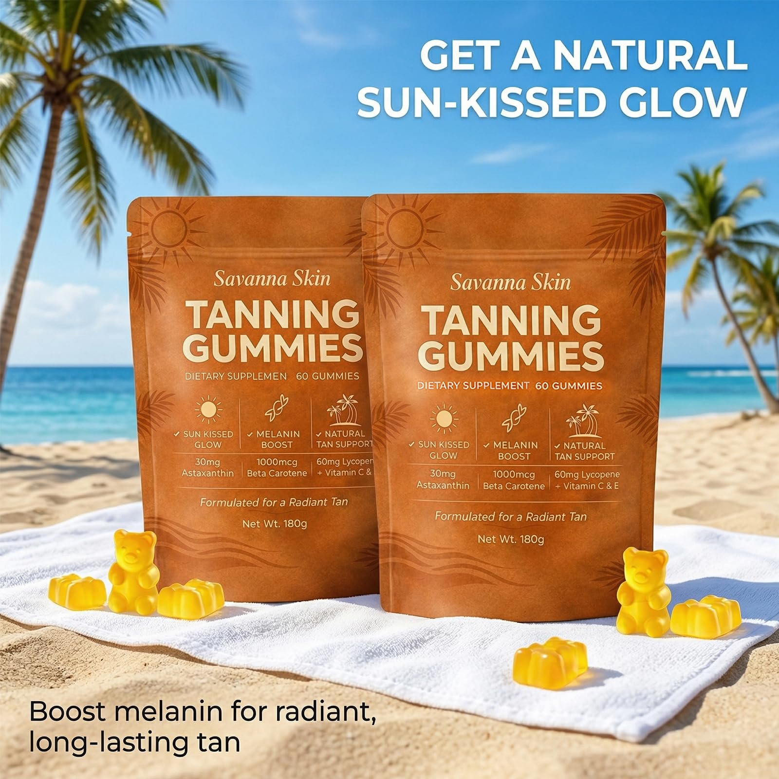 Savanna Skin Tanning Gummies on a wooden table