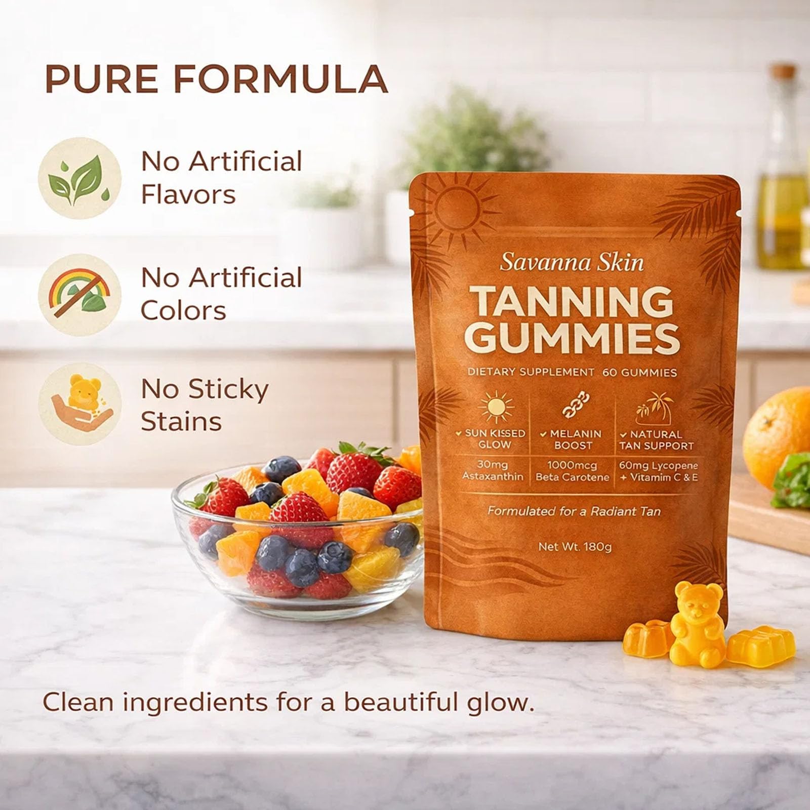 Savanna Skin Tanning Gummies with tropical background