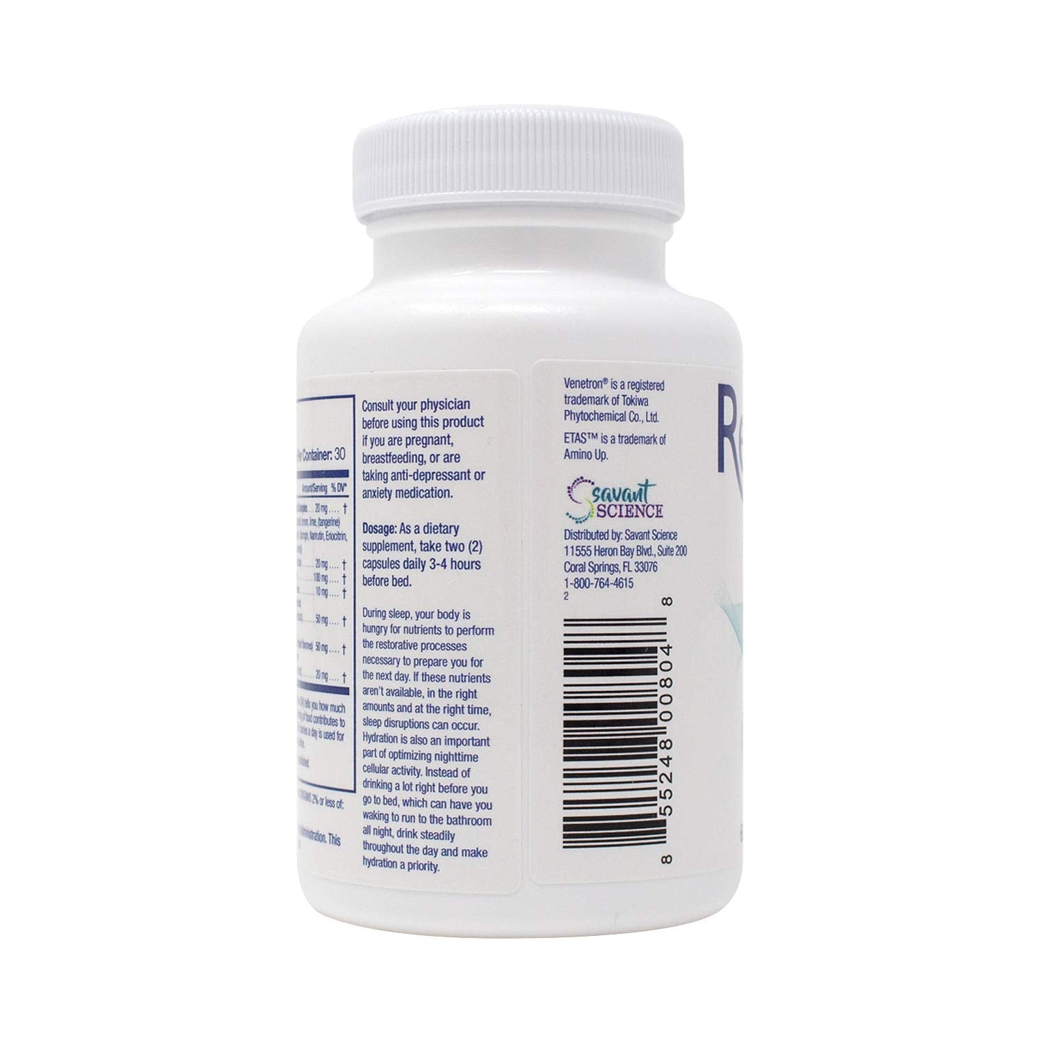 Savant Science RestoreZ Sleep Nutrition 60 Capsules back view