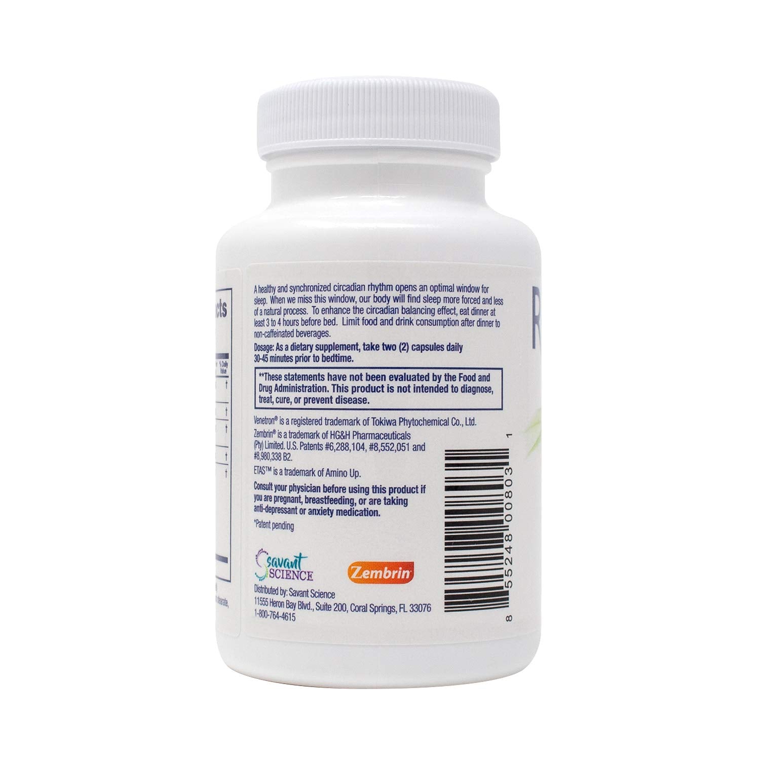Savant Science Sleep Supplement 67g capsules with dosage information