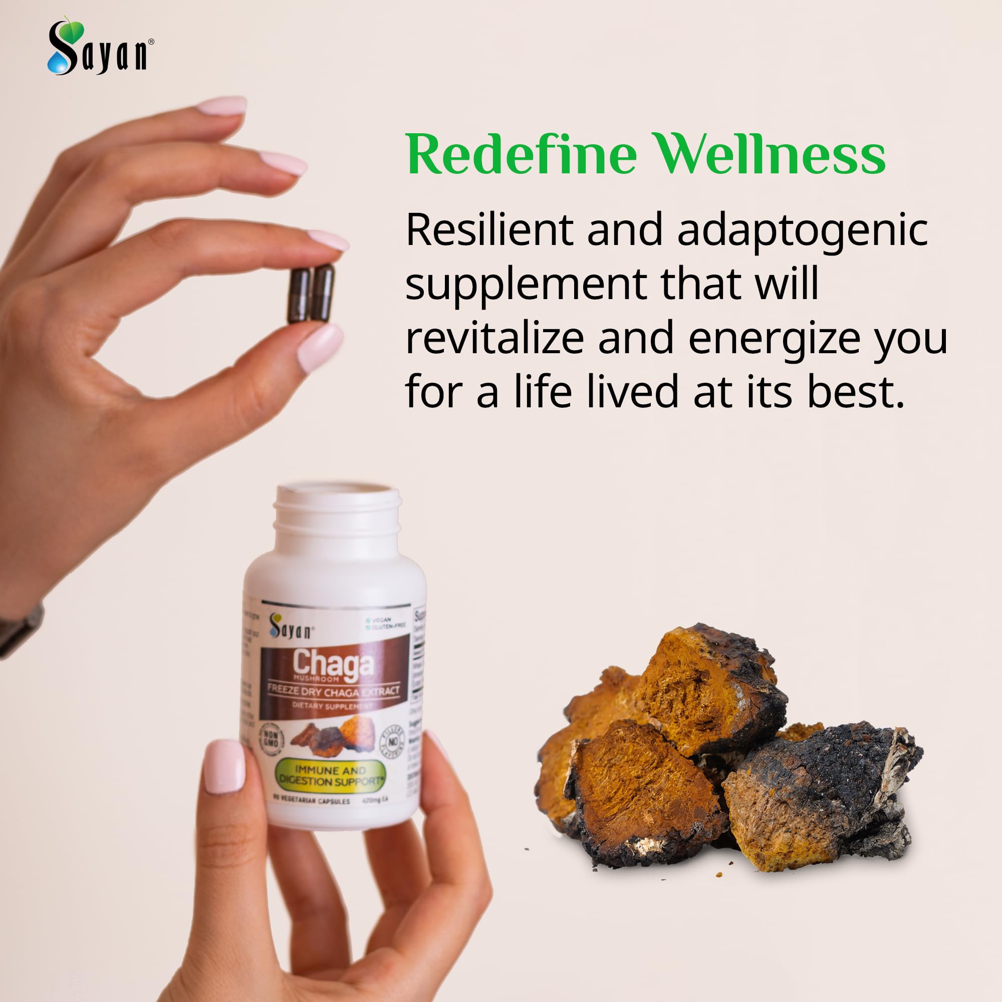 Sayan Chaga Mushroom Capsules displayed with other herbal supplements