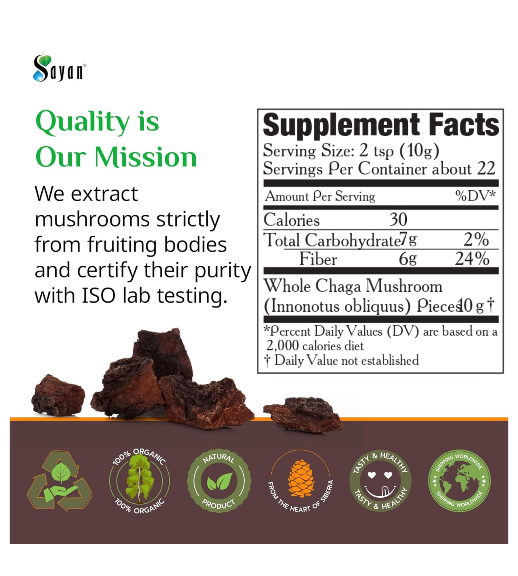 Sayan Chaga Mushroom Chunks 245g side view