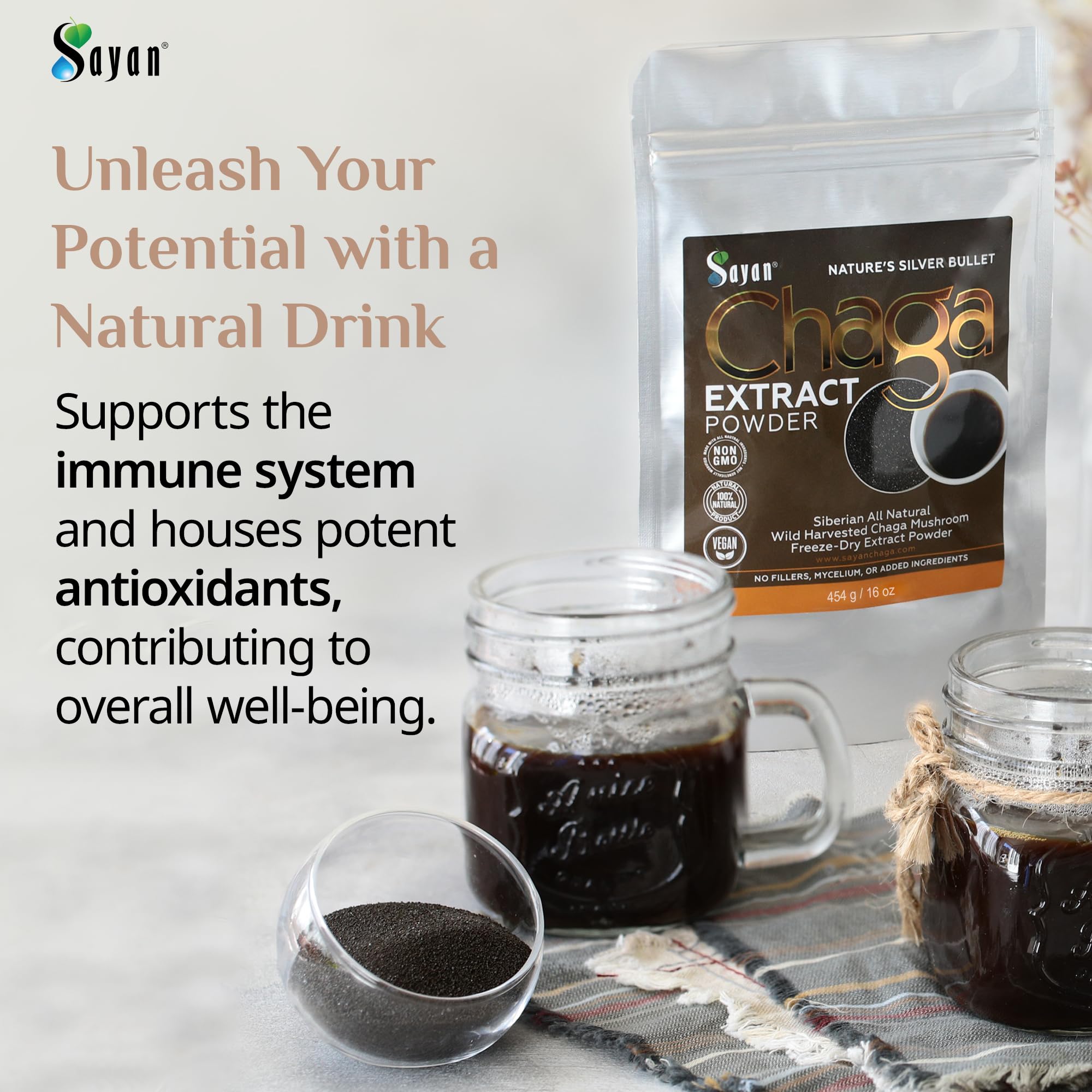 Sayan Chaga Mushroom Extract Powder scoop with powder