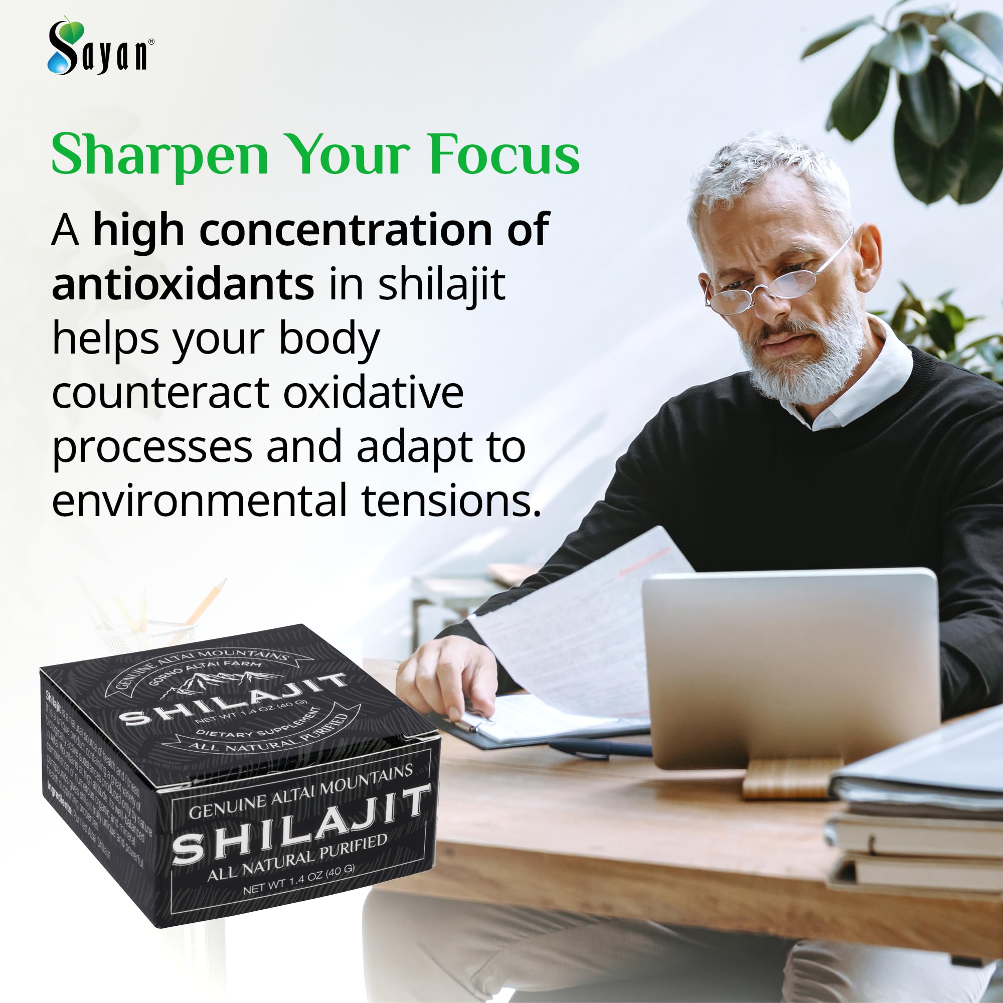 Sayan Shilajit Resin 40g next to a glass of water