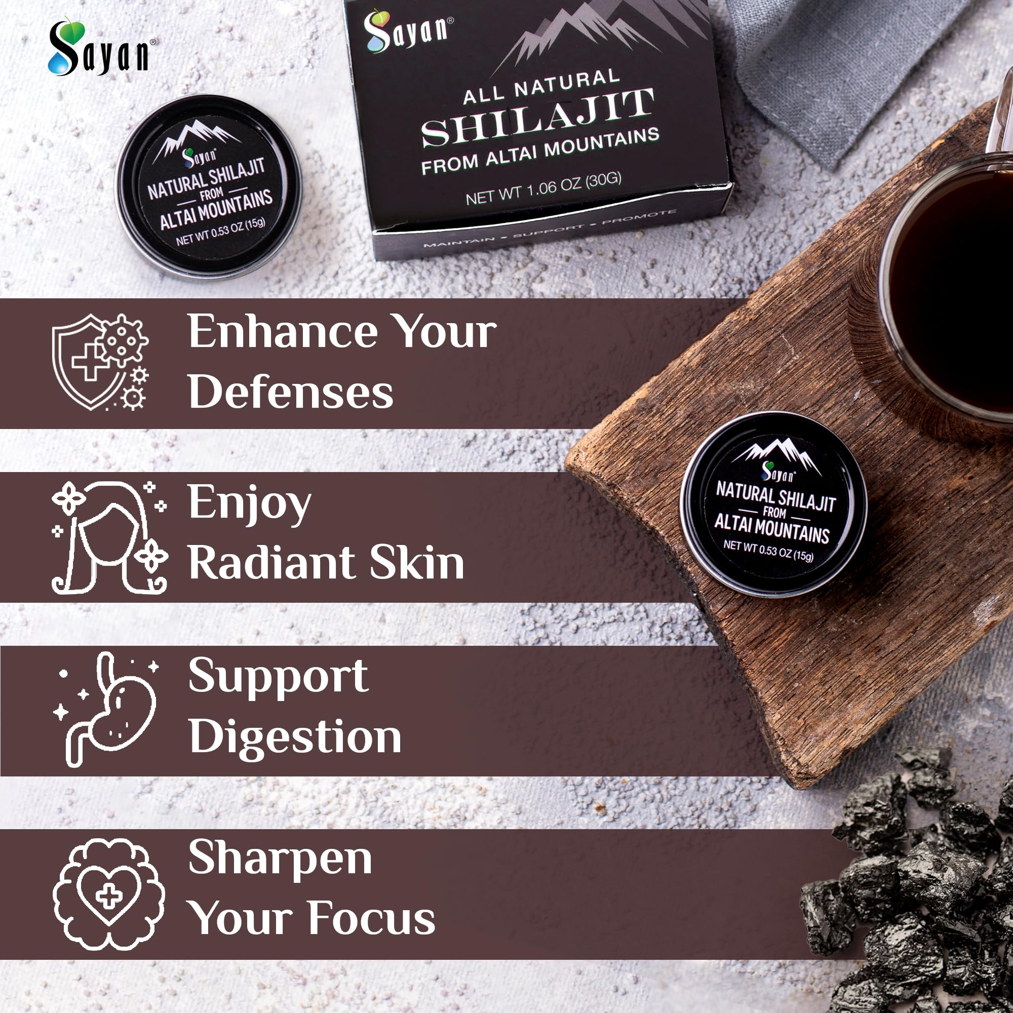 Sayan Shilajit Resin 73g with measuring spoon for dosage