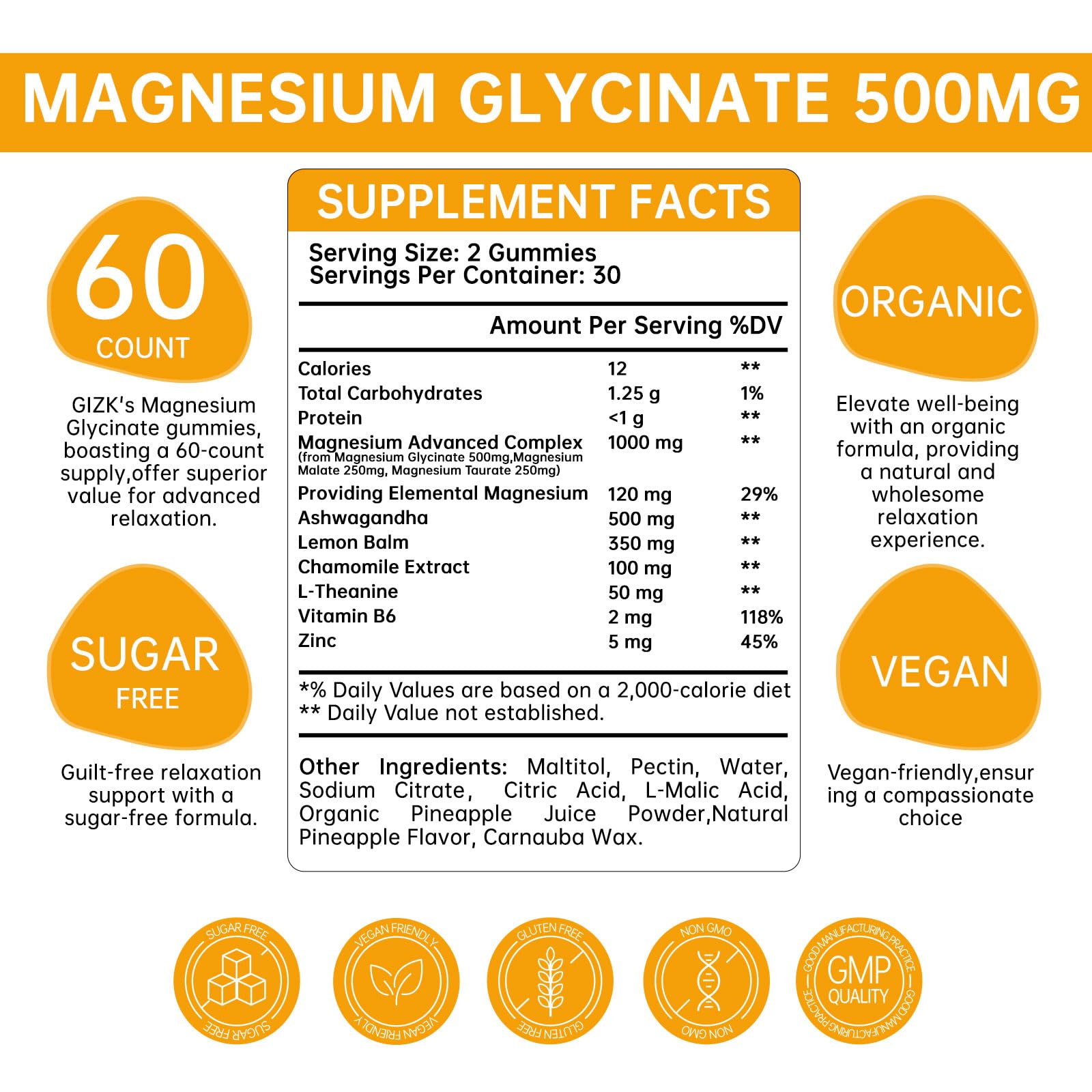 SAYIDON Magnesium Glycinate Gummies 500mg pineapple flavour bottle side view