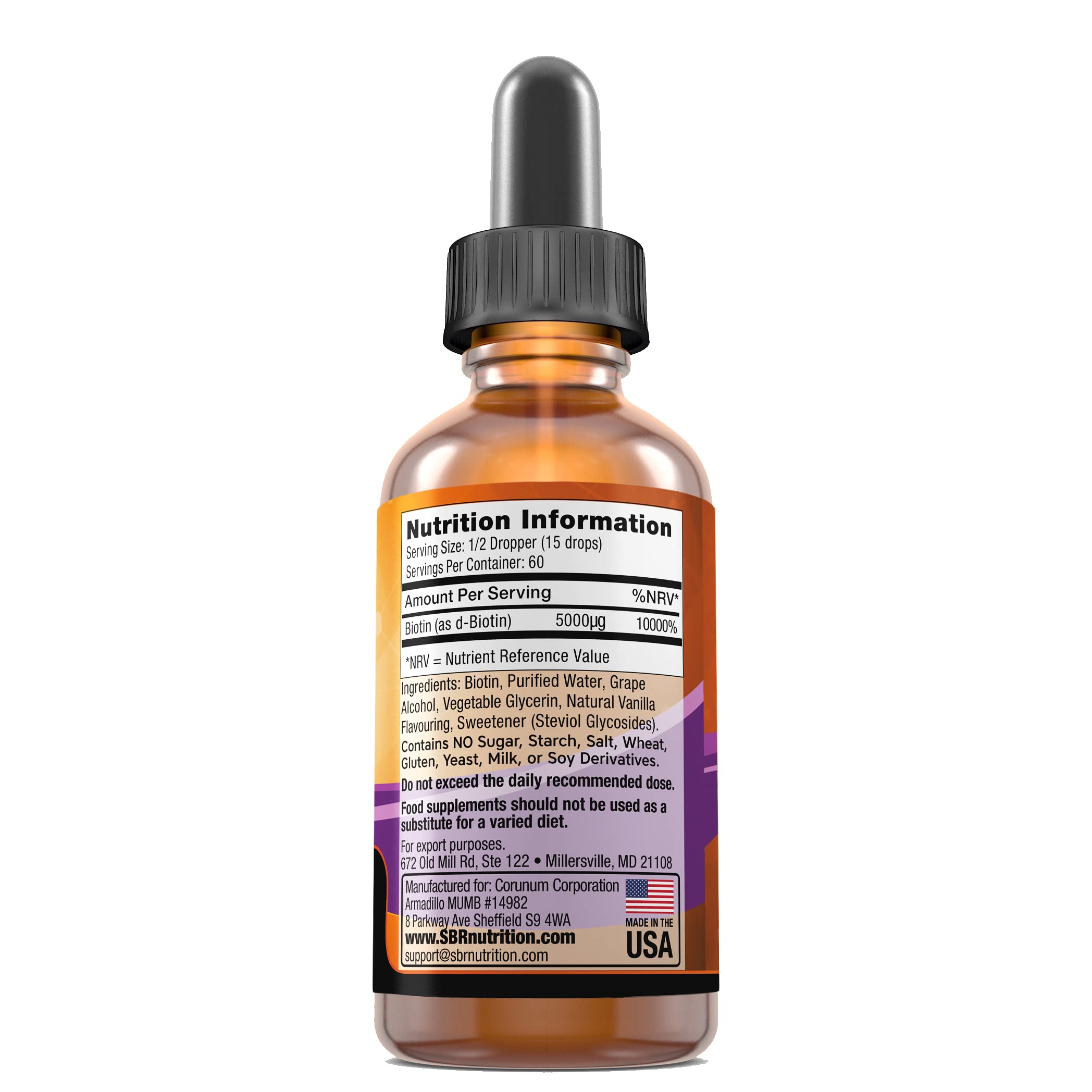 SBR Nutrition Biotin Liquid Supplement 28g bottle with label