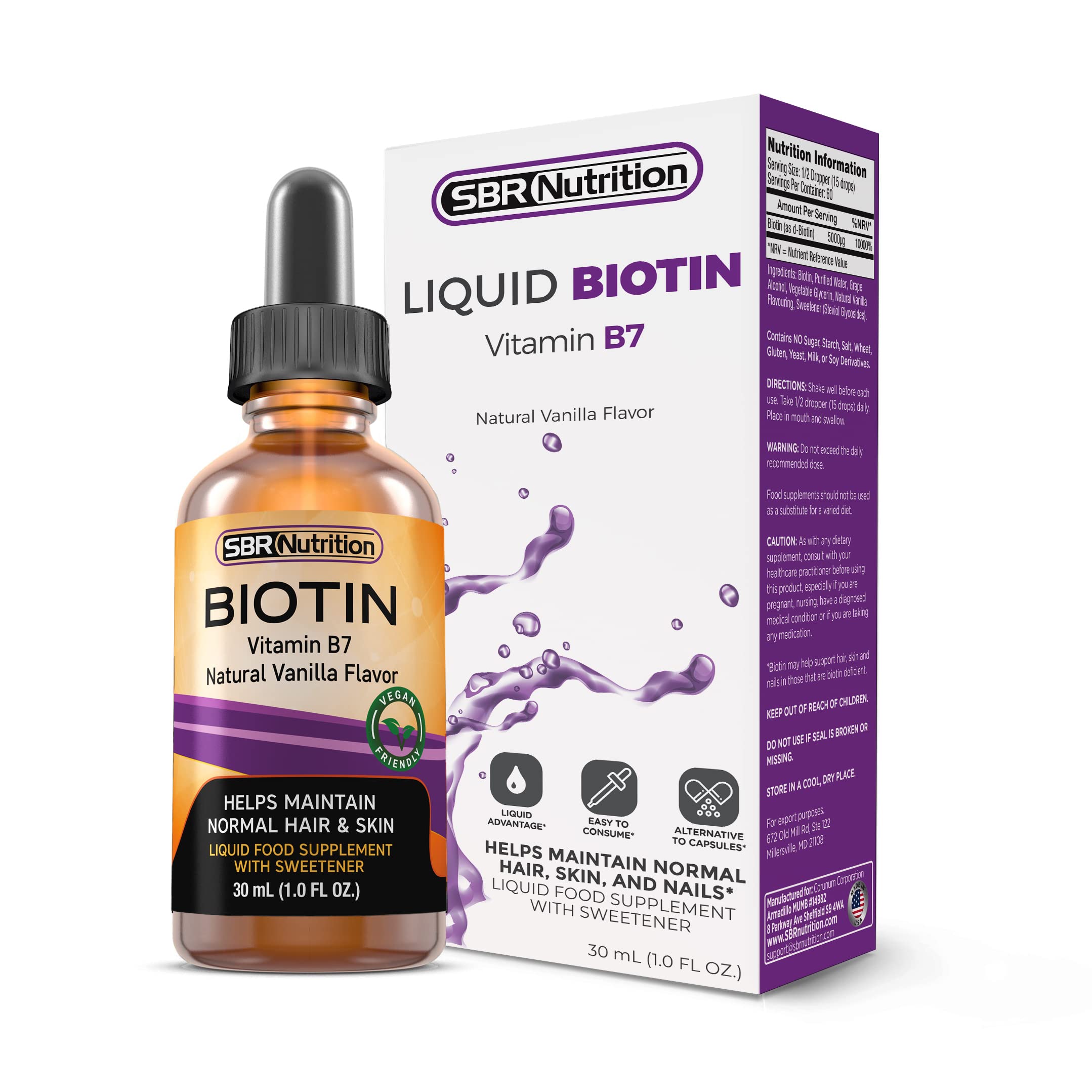 SBR Nutrition Biotin Liquid Supplement 28g with measuring cap