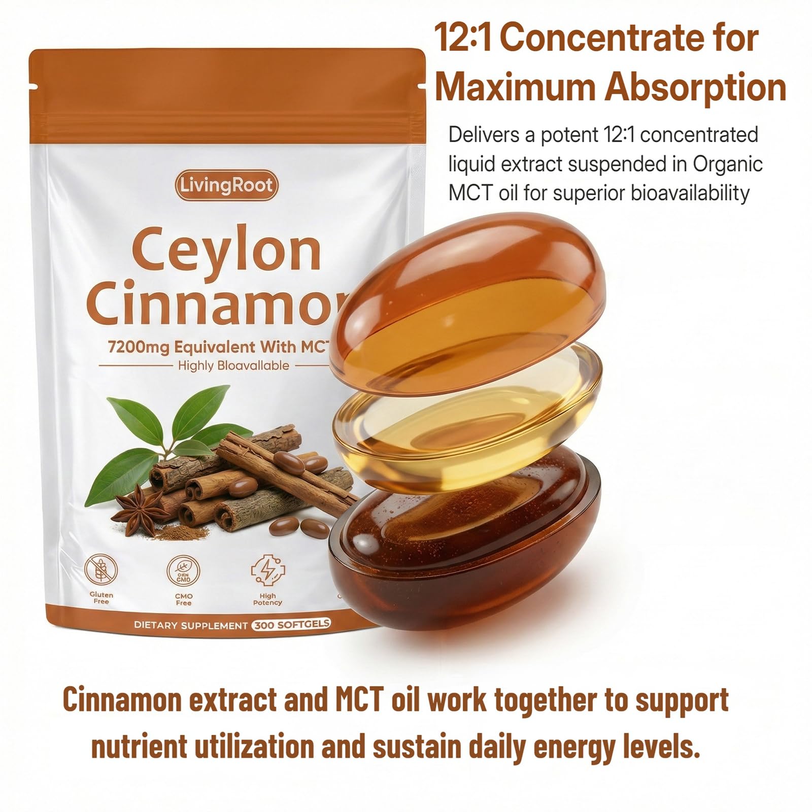 SCEZROB Ceylon Cinnamon Softgels on a wooden table