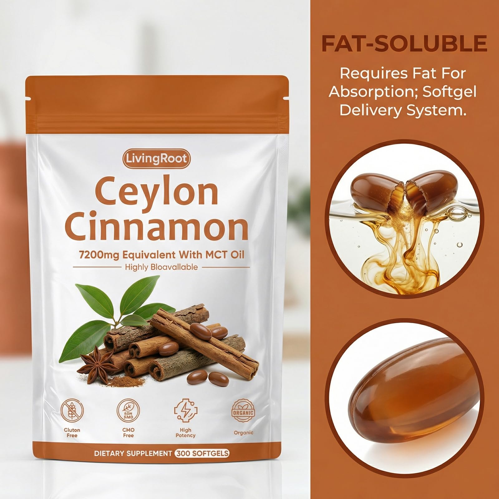 SCEZROB Ceylon Cinnamon Softgels with a glass of water