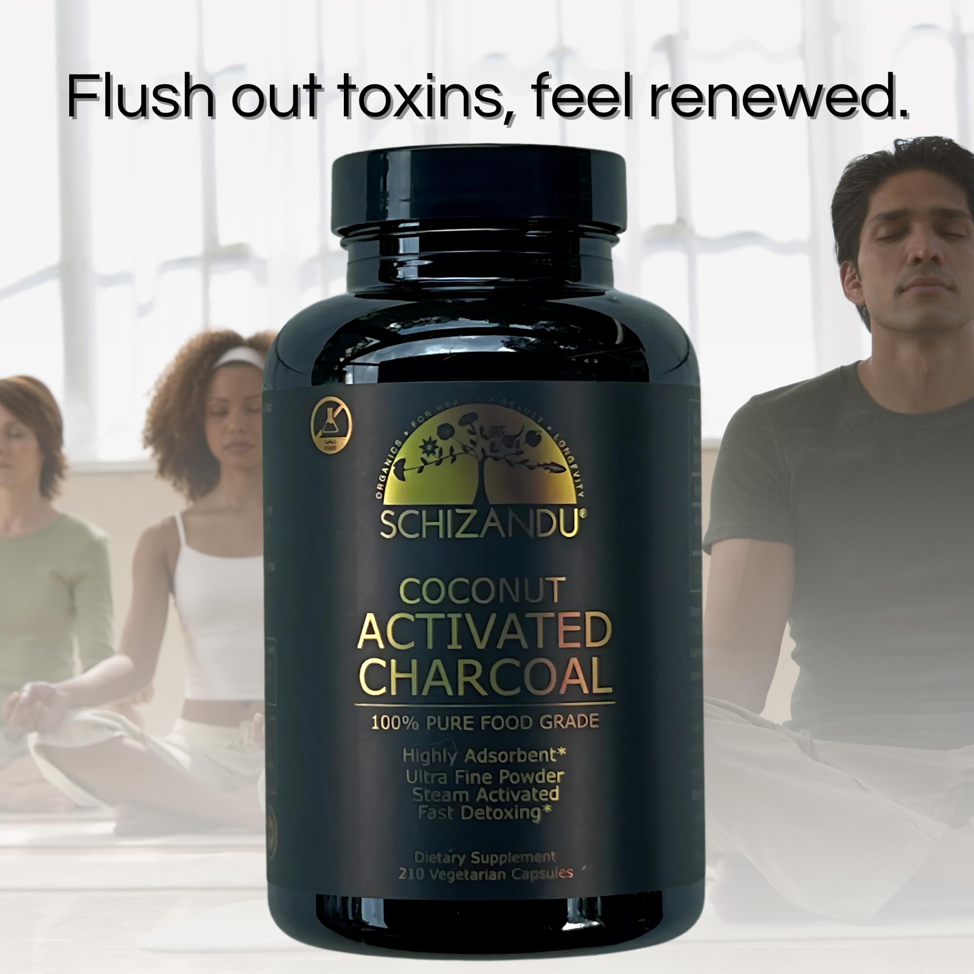 Schizandu Activated Coconut Charcoal Capsules on a wooden table