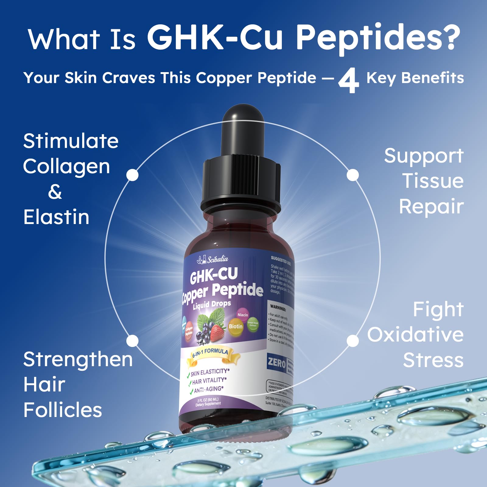 Scibalia GHK-Cu Peptides Liquid Drops side view showing dropper