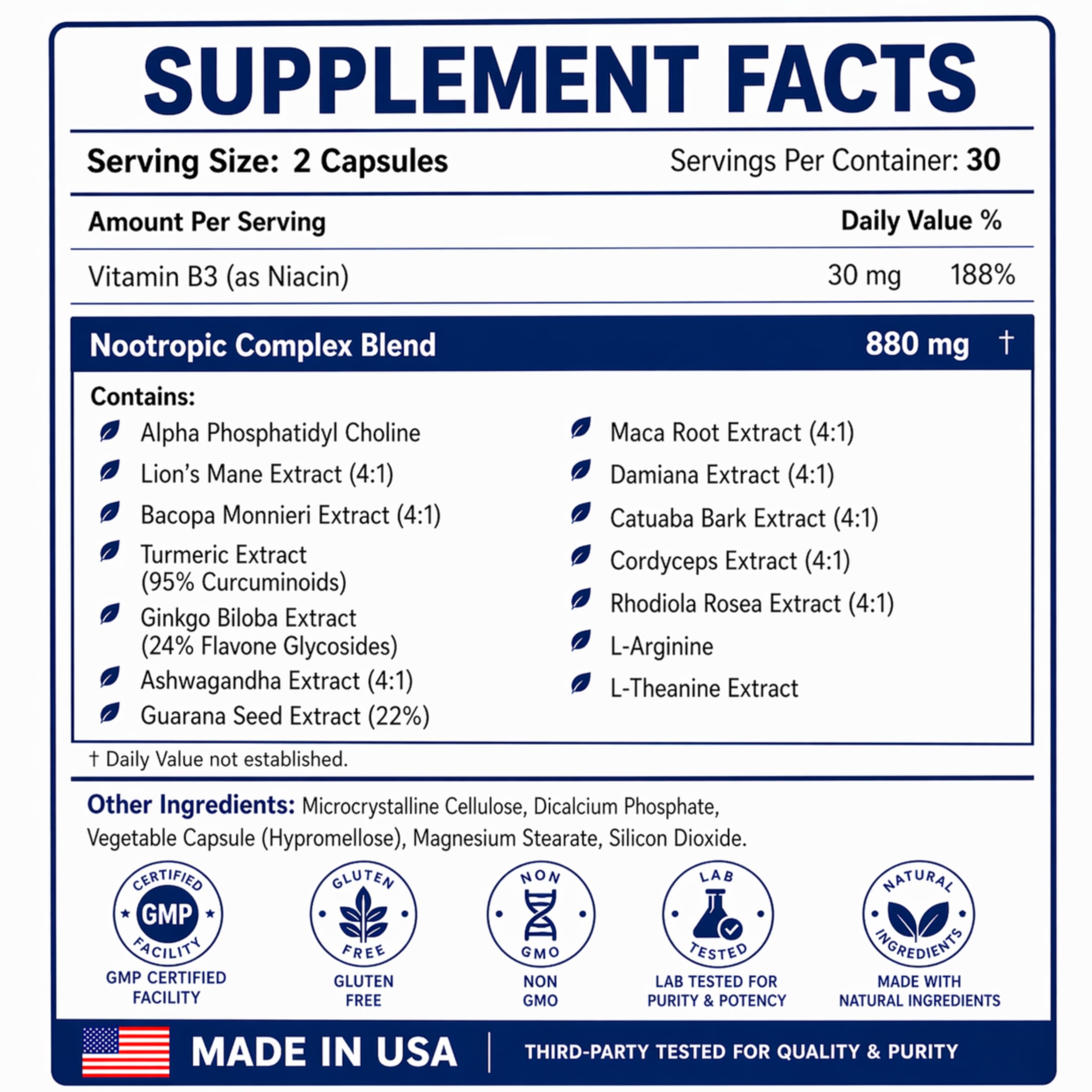 SCIENCE FORCE 7 Factor Brain support nutritional information label
