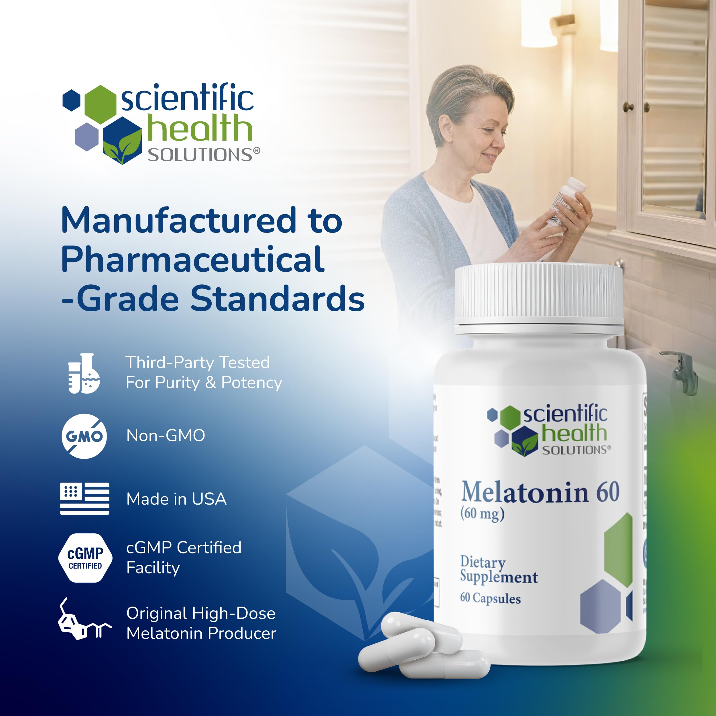 Scientific Health Solutions Melatonin 60mg Sleep Aid capsules on a table