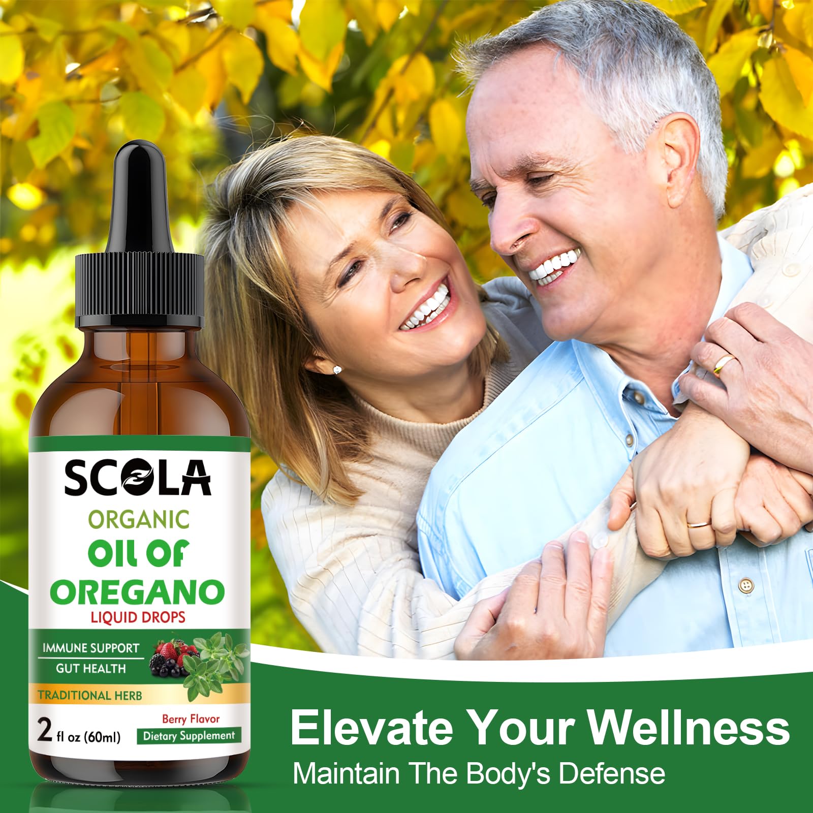 SCOLA Organic Oil of Oregano bottle with a salad