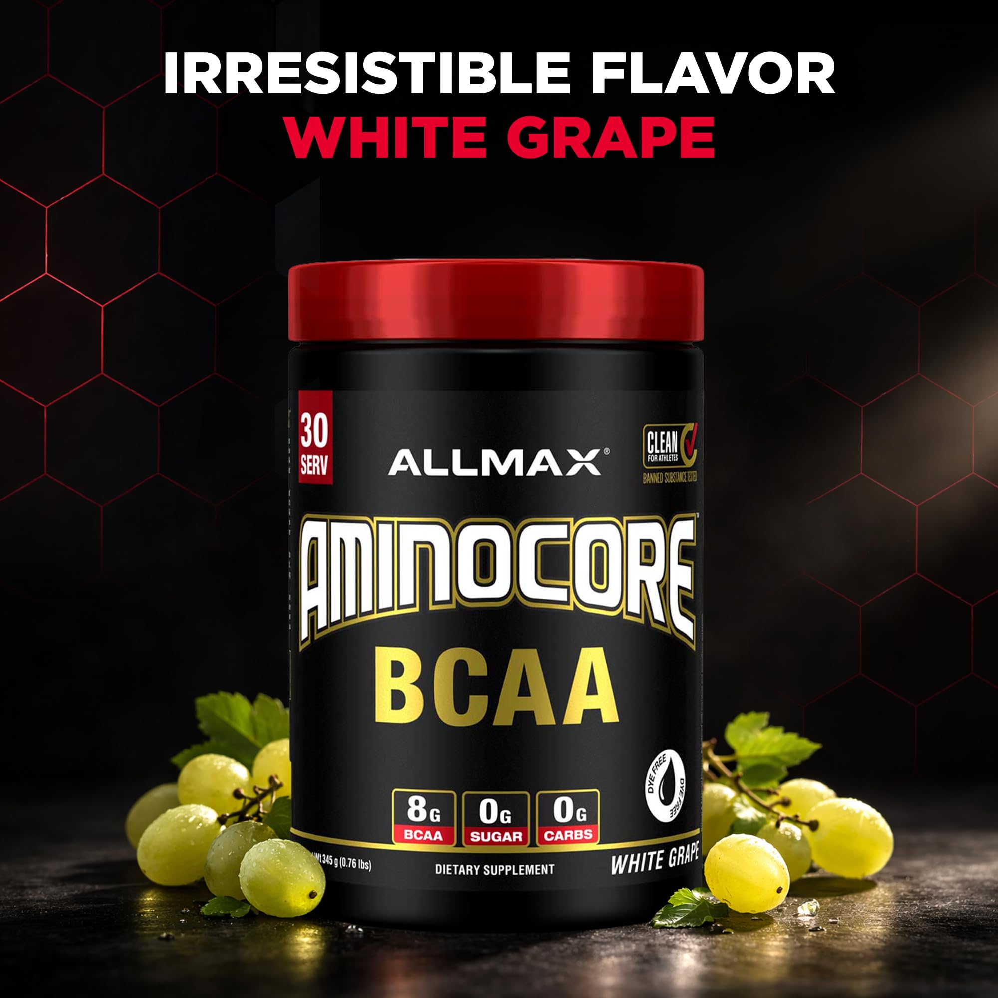 Scoop of ALLMAX Aminocore BCAA Powder next to the container