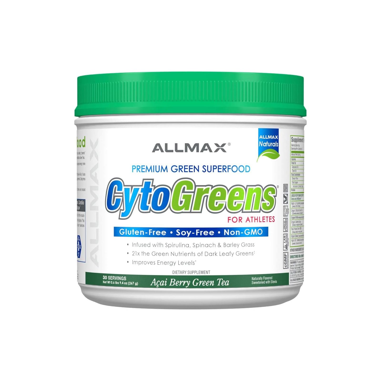Scoop of ALLMAX CytoGreens Superfood Powder on a wooden spoon