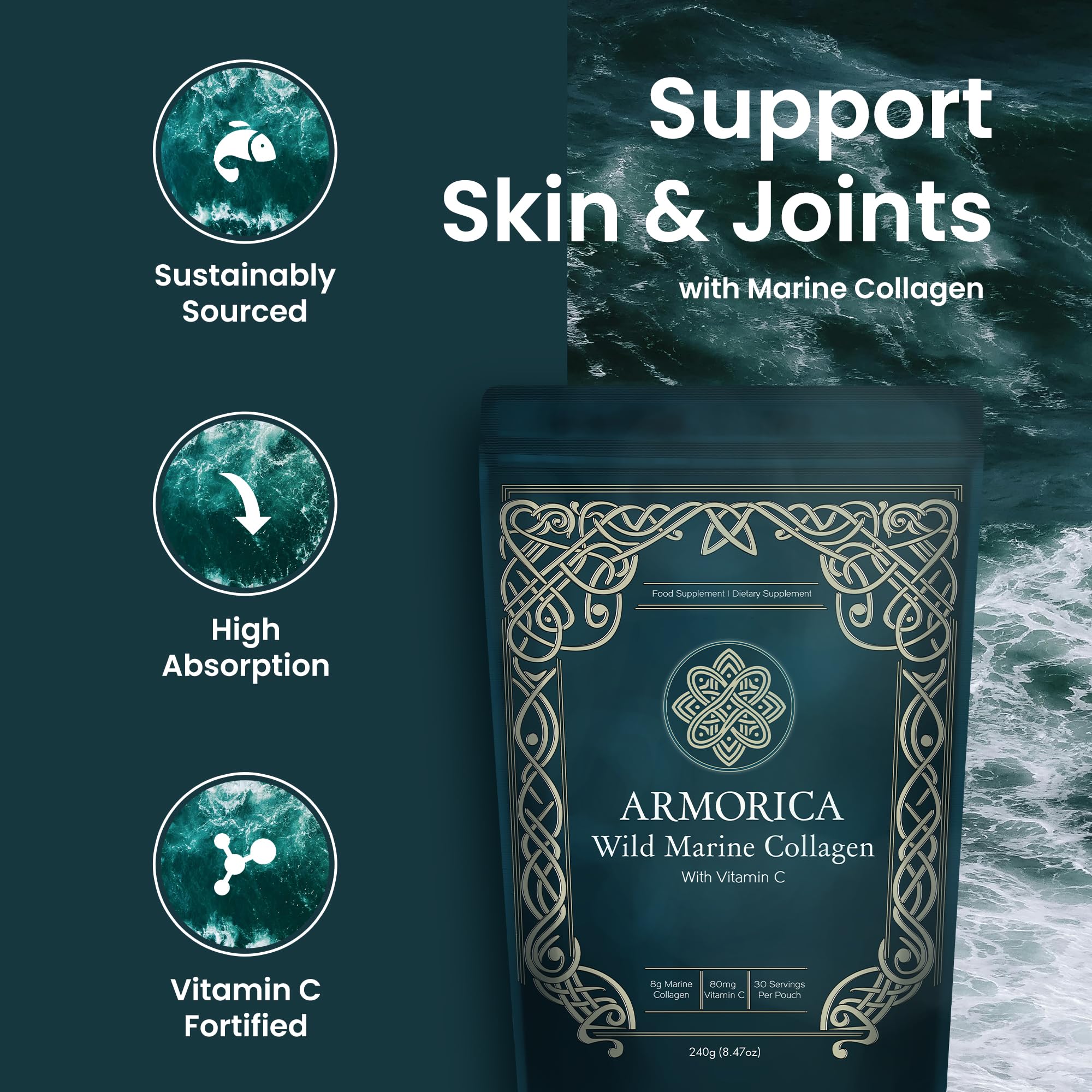 Scoop of ARMORICA Marine Collagen Powder on a wooden spoon