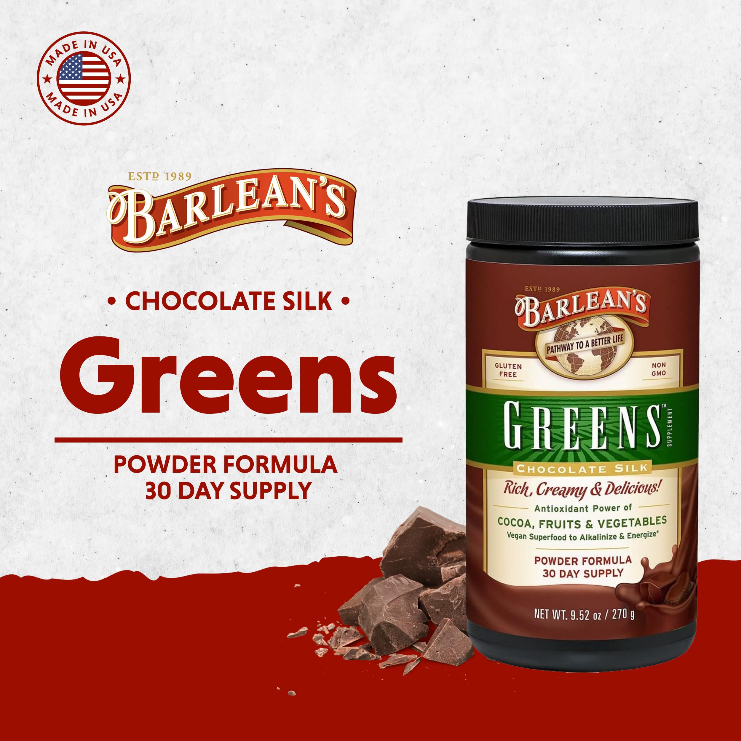 Scoop of Barlean's Chocolate Silk Greens in a glass of water