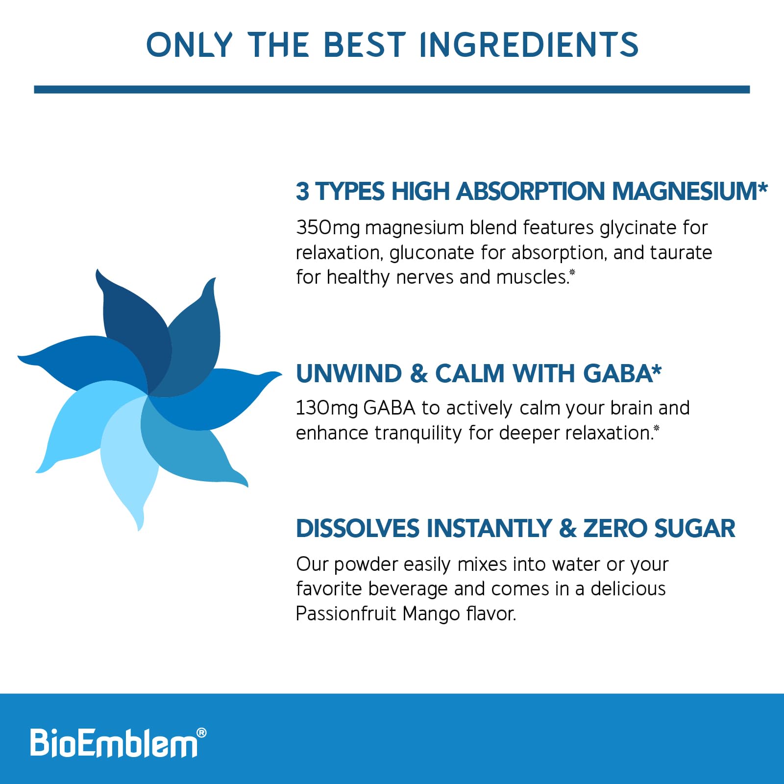 Scoop of BioEmblem Triple Magnesium Powder next to a glass of water