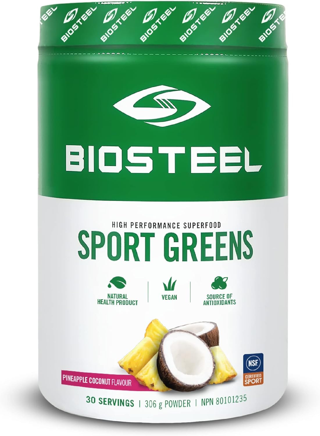 Scoop of BIOSTEEL Sport Greens powder in a glass of water