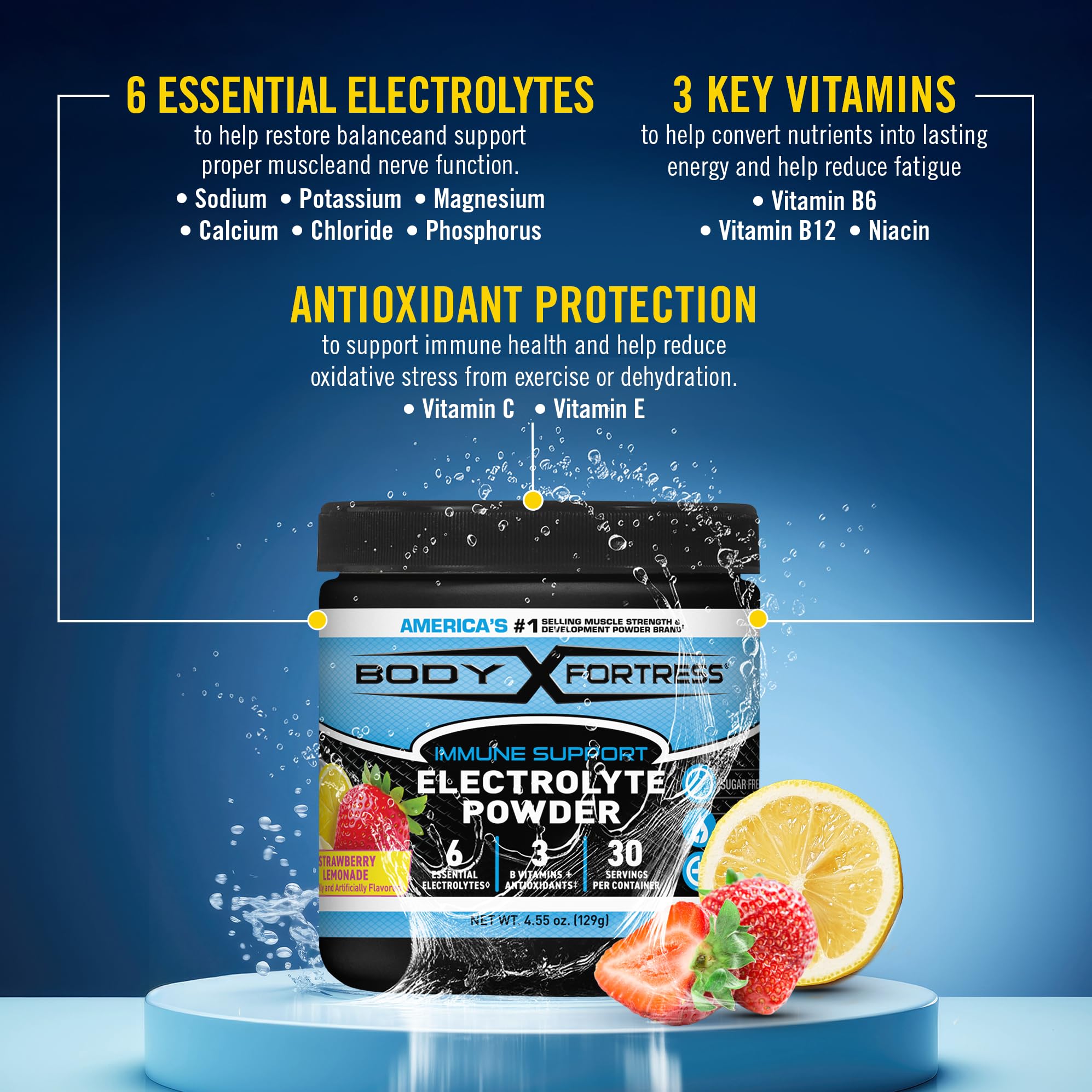 Scoop of Body Fortress Electrolyte Powder Strawberry Lemonade