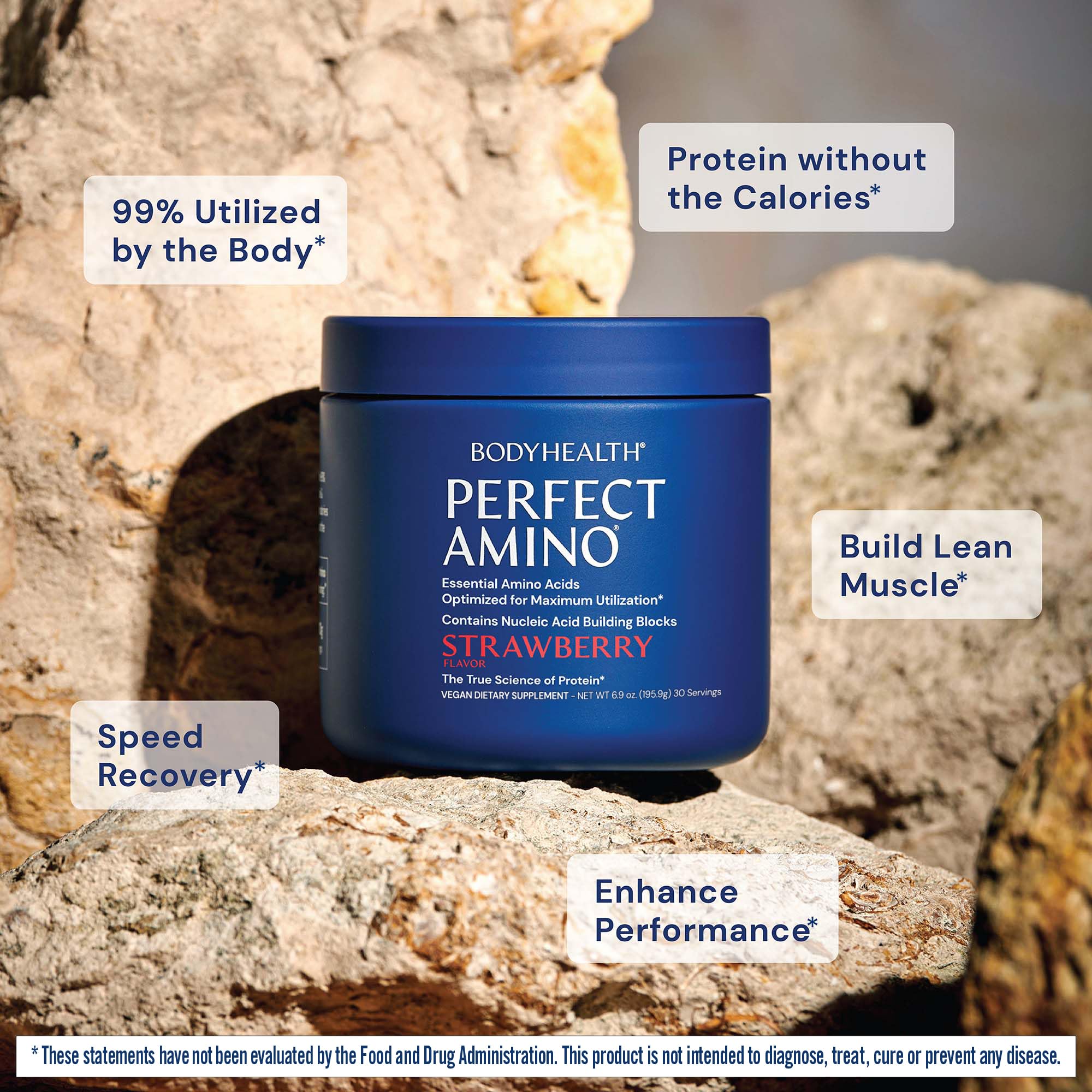 Scoop of BodyHealth Perfect Amino Powder on a wooden surface