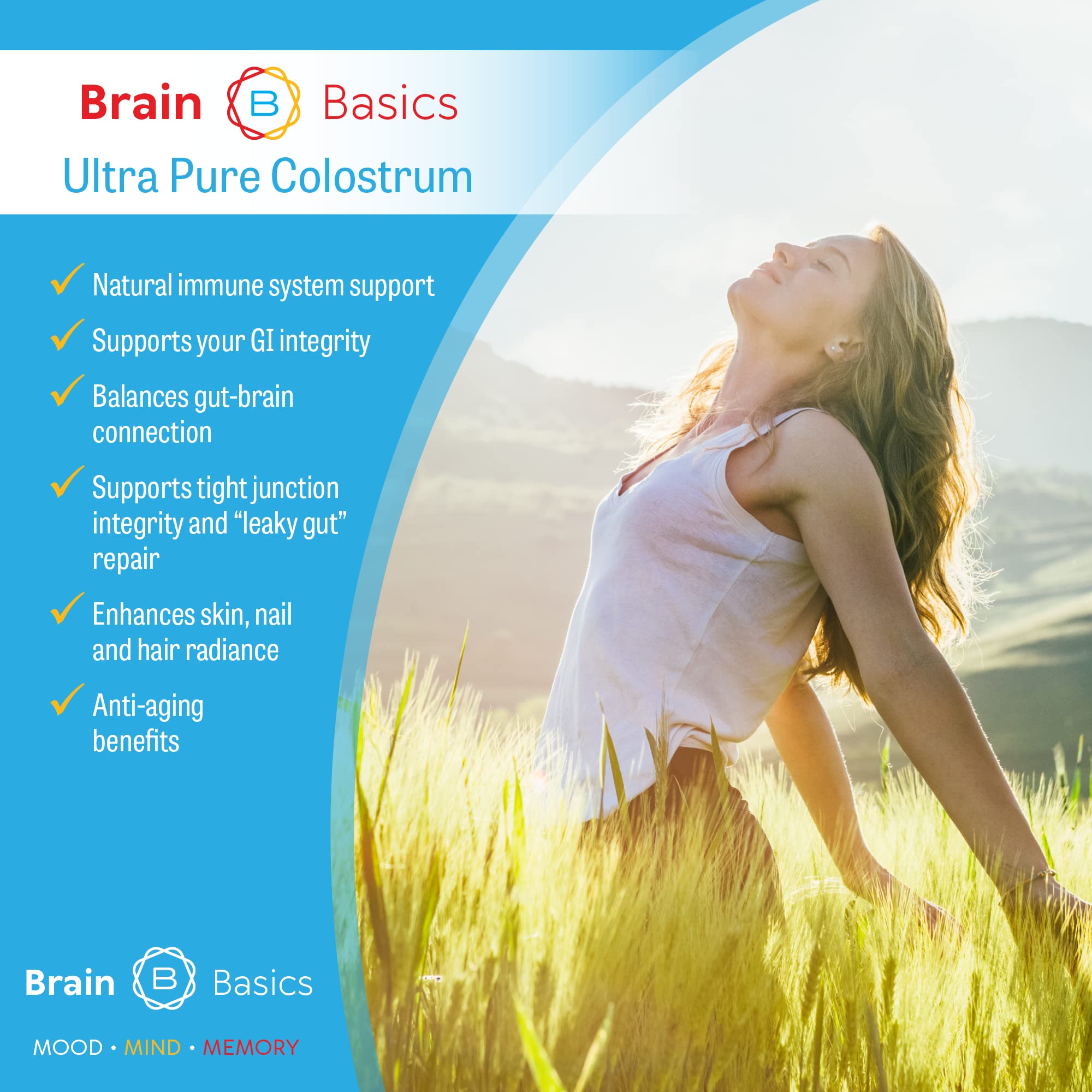 Scoop of Brain Bean Ultra Pure Colostrum Powder on a bowl of blueberries