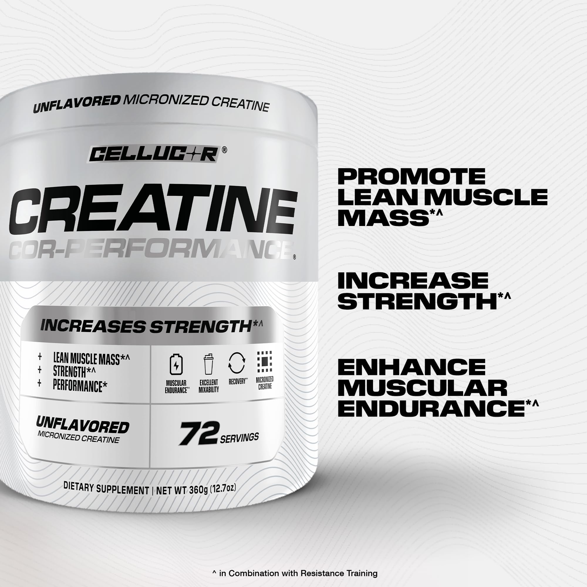 Scoop of Cellucor COR-Performance Creatine powder on a table