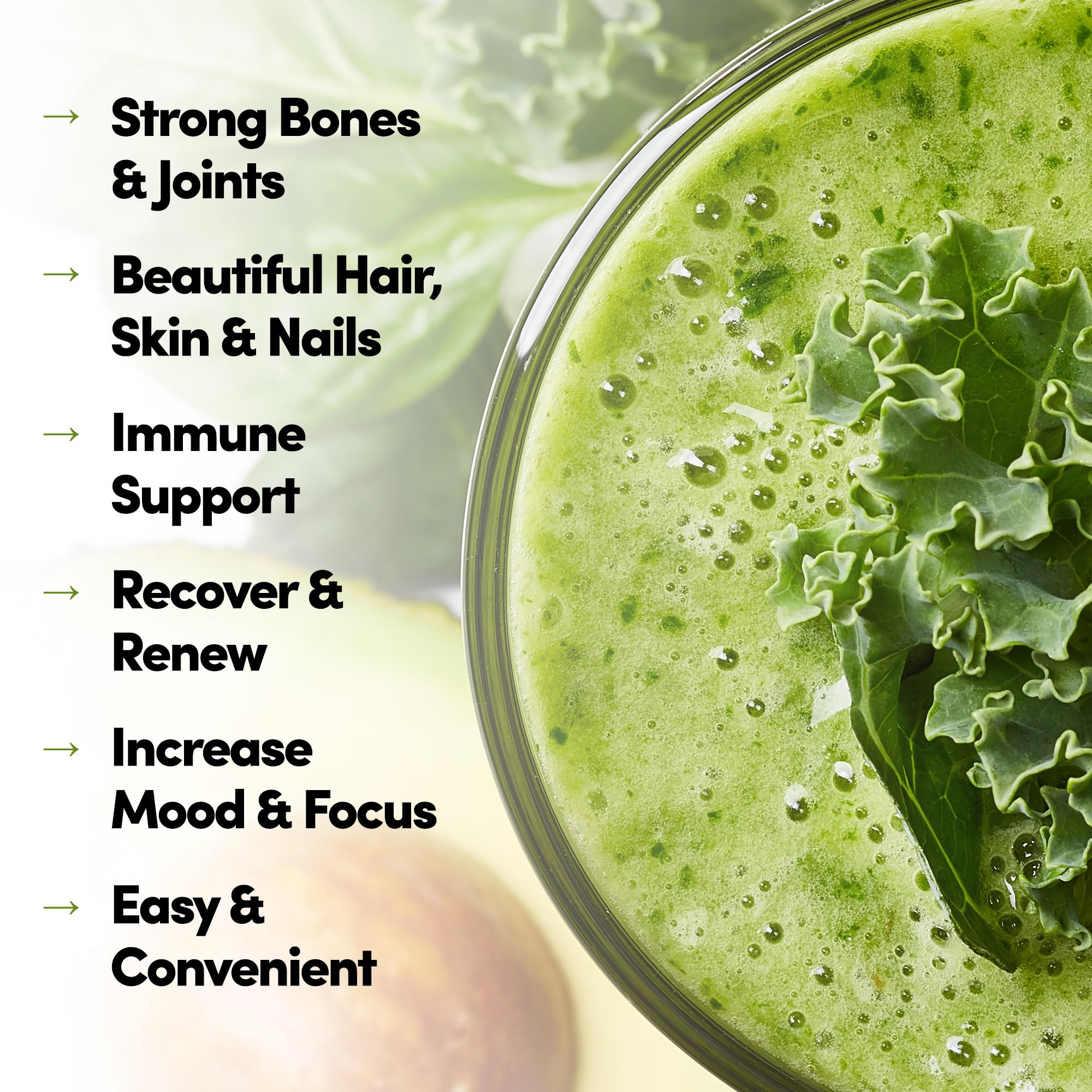 Scoop of Country Farms Collagen + Greens powder on a wooden spoon