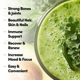 Scoop of Country Farms Collagen + Greens powder on a wooden spoon