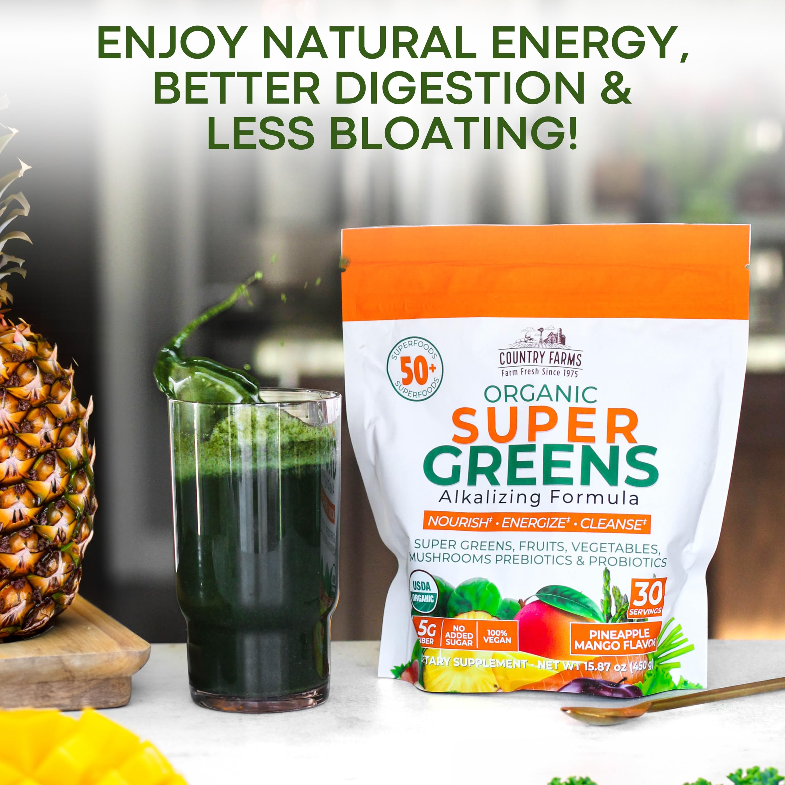 Scoop of Country Farms Super Greens Pineapple-Mango powder