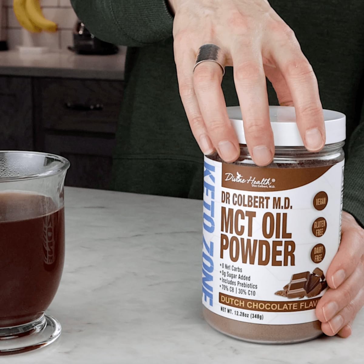 Scoop of Divine Health MCT Oil Powder in Dutch Chocolate flavour