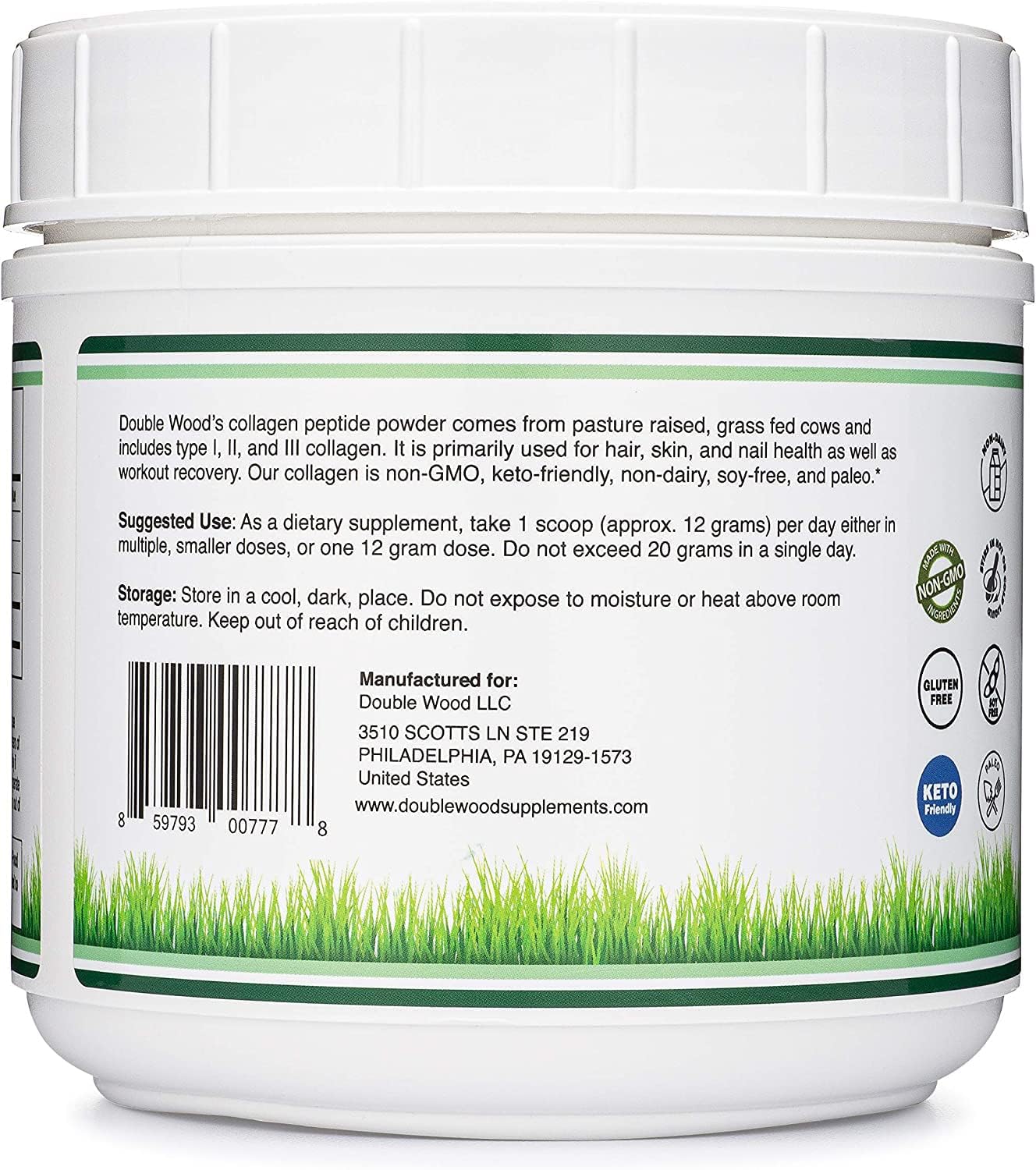 Scoop of Double Wood Collagen Peptides Powder on a table
