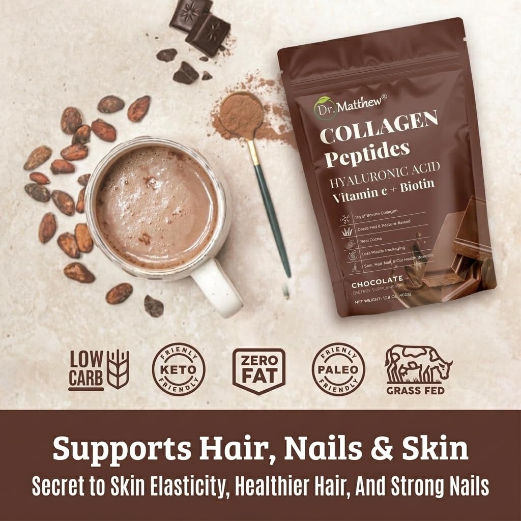 Scoop of Dr. Matthew Chocolate Collagen Protein Powder on a wooden spoon
