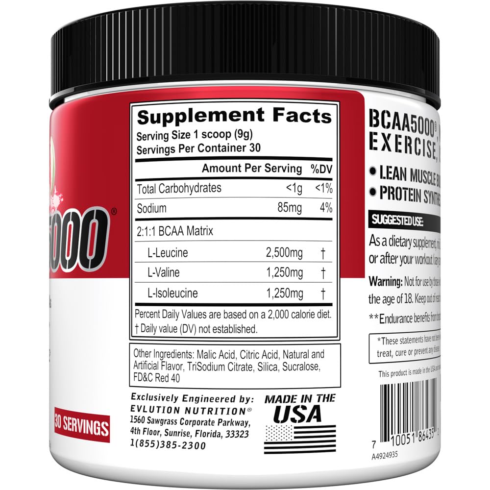 Scoop of Evlution BCAA5000 Amino Acids Powder on a table