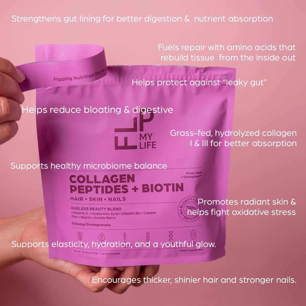 Scoop of Flip My Life Collagen Peptides + Biotin powder