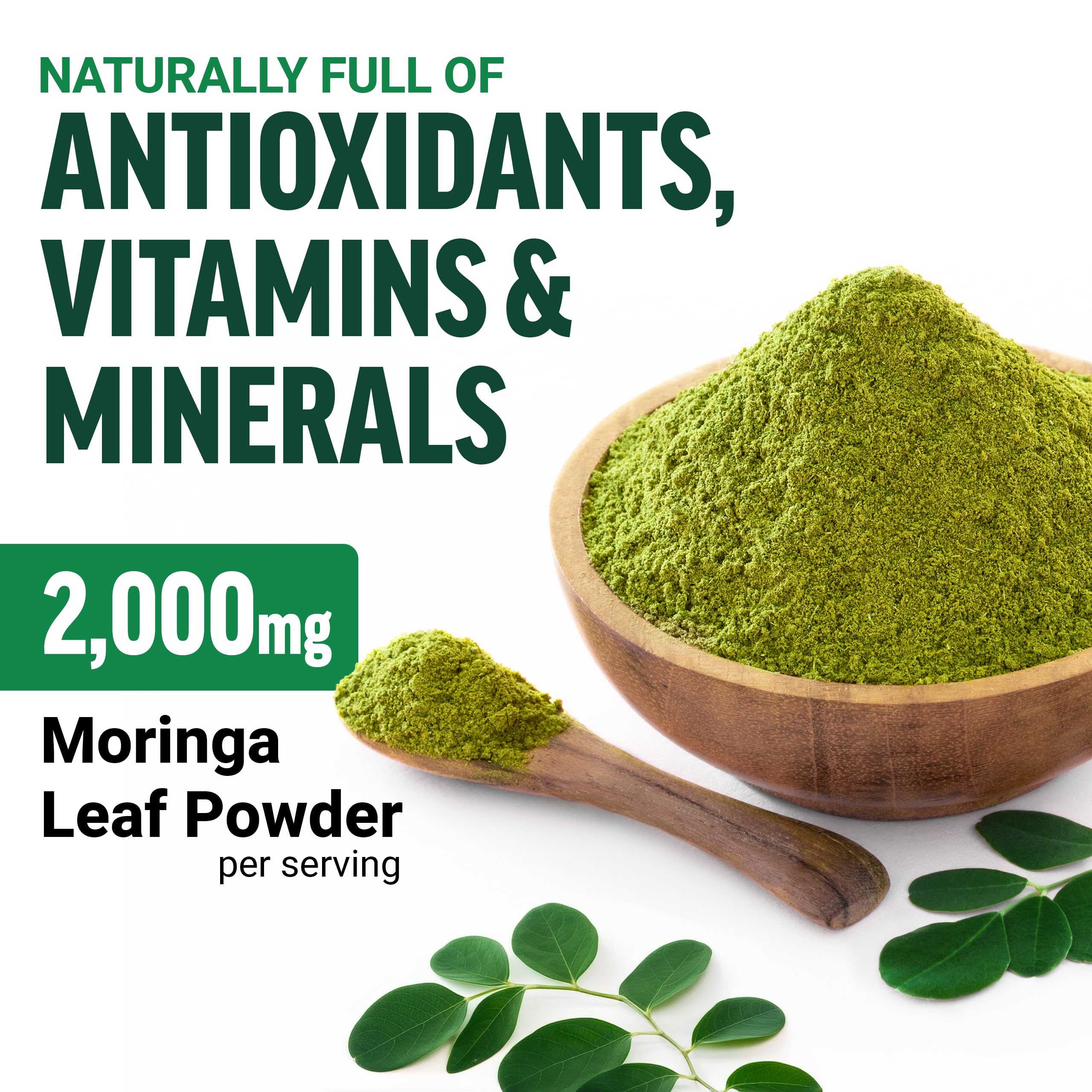 Scoop of Force Factor Modern Moringa Powder on a wooden table