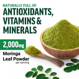 Scoop of Force Factor Modern Moringa Powder on a wooden table