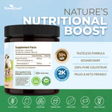 Scoop of ForestLeaf Bovine Colostrum Powder on a spoon