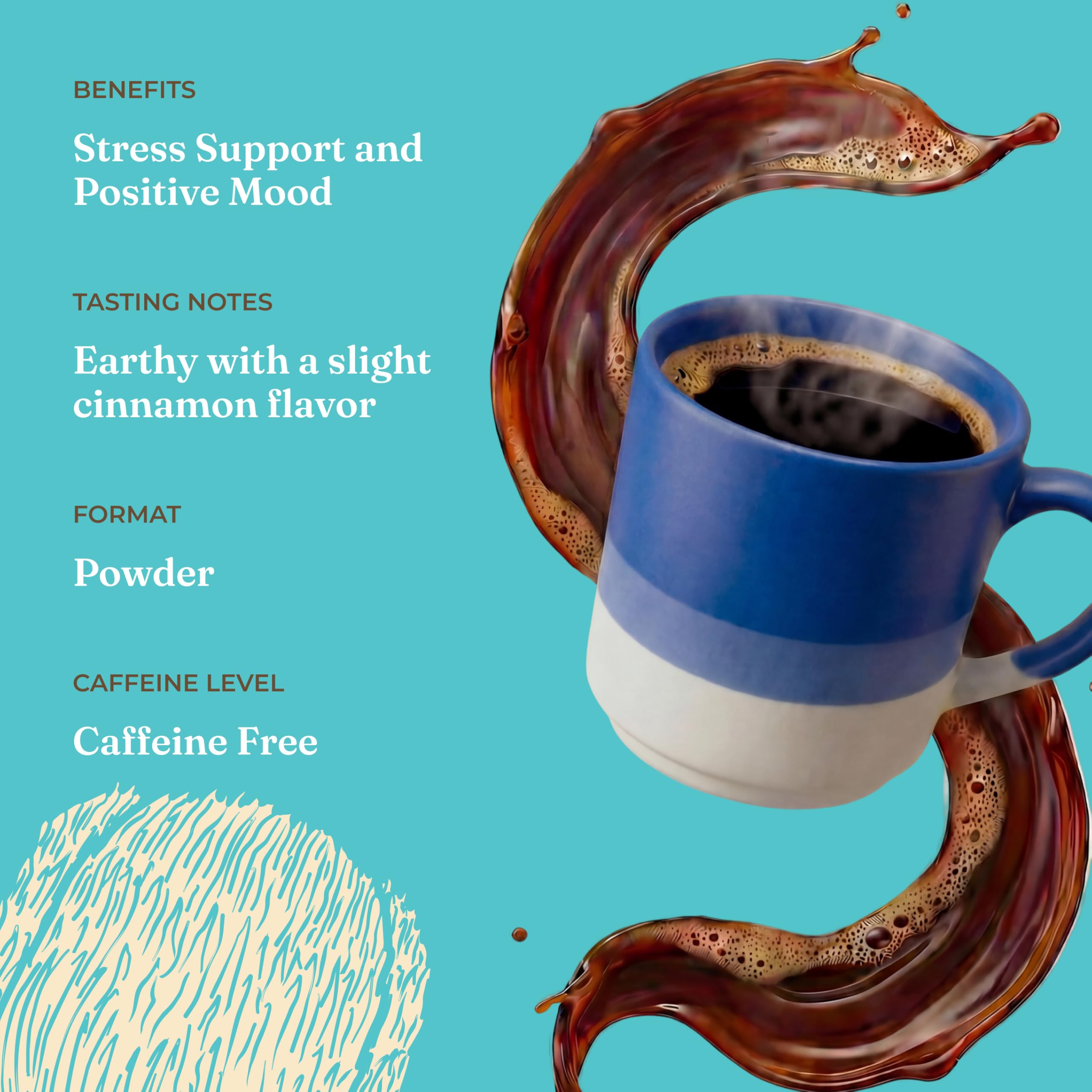 Scoop of Four Sigmatic Adaptogen Blend powder on a wooden surface