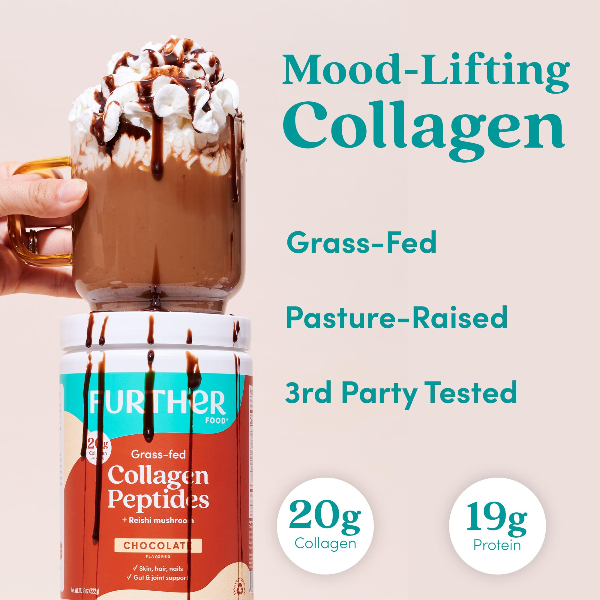Scoop of Further Food Chocolate Collagen Powder on a wooden spoon