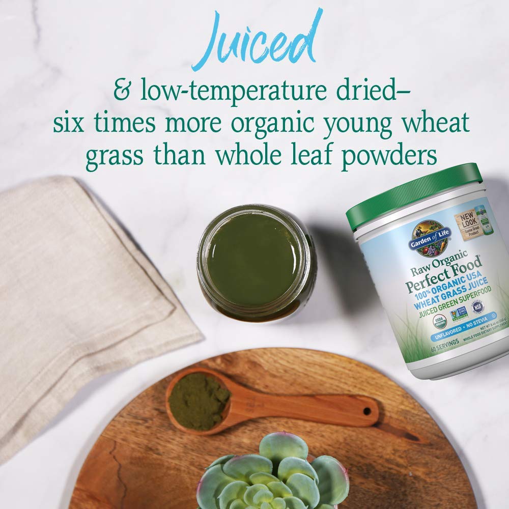 Scoop of Garden of Life Chlorophyll Superfood powder on a wooden spoon