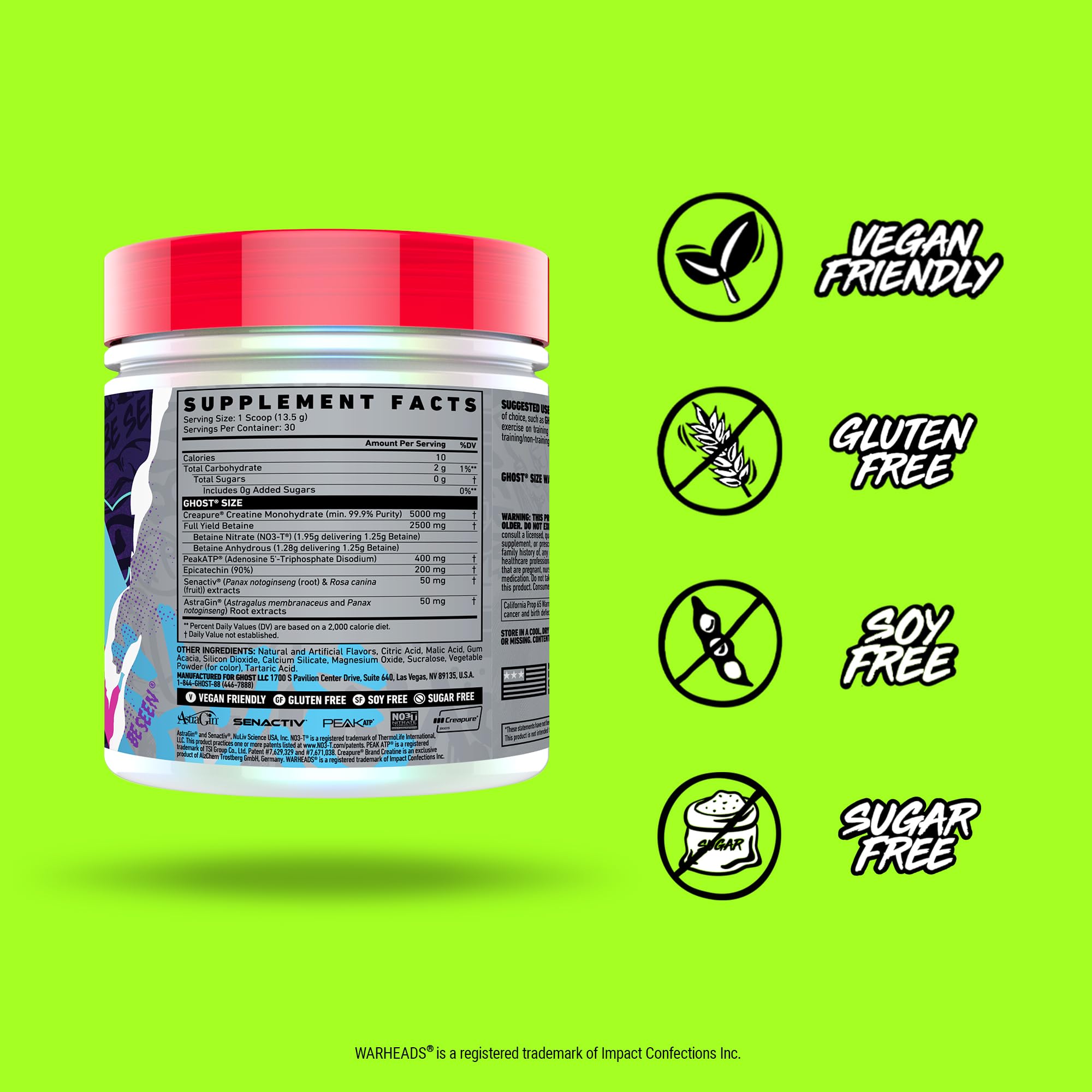 Scoop of GHOST Size Creatine powder in Warheads Sour Watermelon flavour