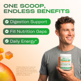 Scoop of GOBIOTIX Spirulina Superfood Powder on a wooden table